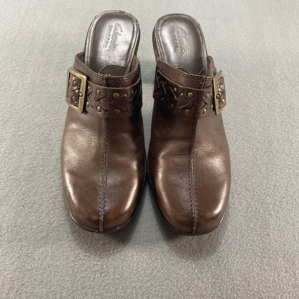 Clarks Clogs Bendables Brown‎ Leather Gold Buckle Brown 8M